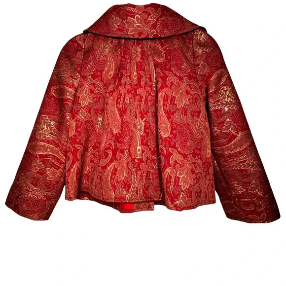 Custom Red Gold Paisley Brocade Jacket Womens Small Blazer Wide Collar Victorian - Picture 2 of 14